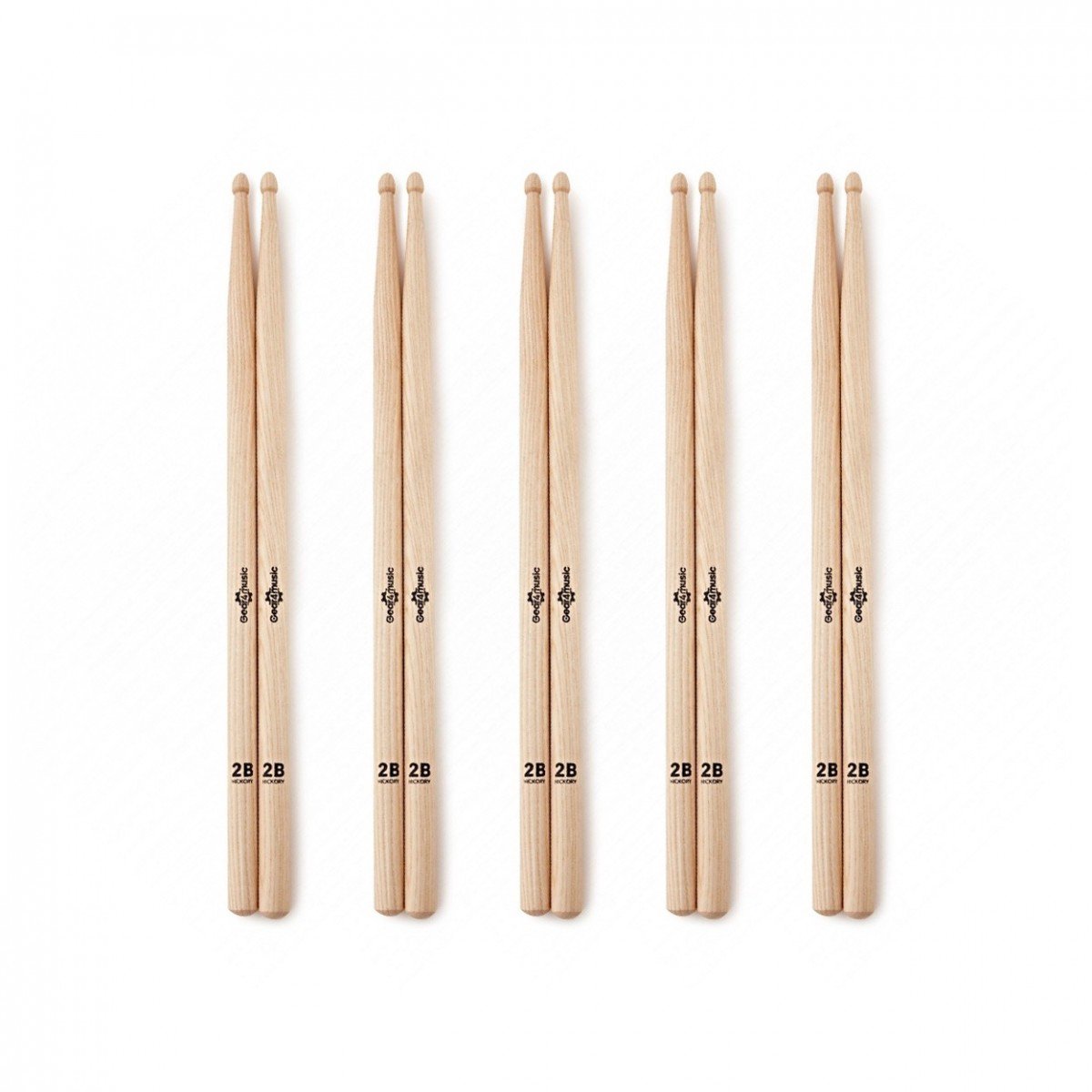 2B houten drumstokken met hickory punt, 5 stuks