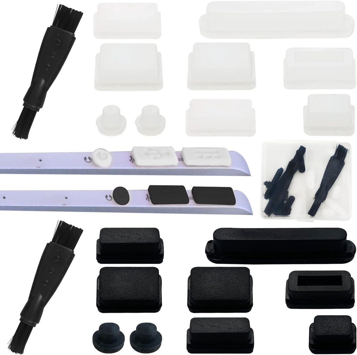 Set van 18 Stuks Stofpluggen voor MacBook Pro 13 Inch en 15 Inch - Siliconen Bescherming, Antistof Caps met 2 Borstels en Duidelijke Opbergdoos (Zwart, Transparant)