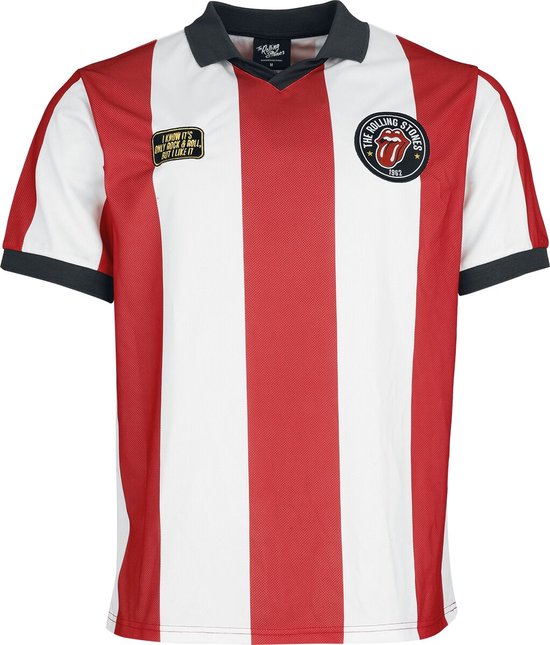 Rood-wit gestreept voetbalshirt met het Rolling Stones-logo en "I KNOW IT'S ONLY ROCK & ROLL, BUT I LIKE IT" patch.