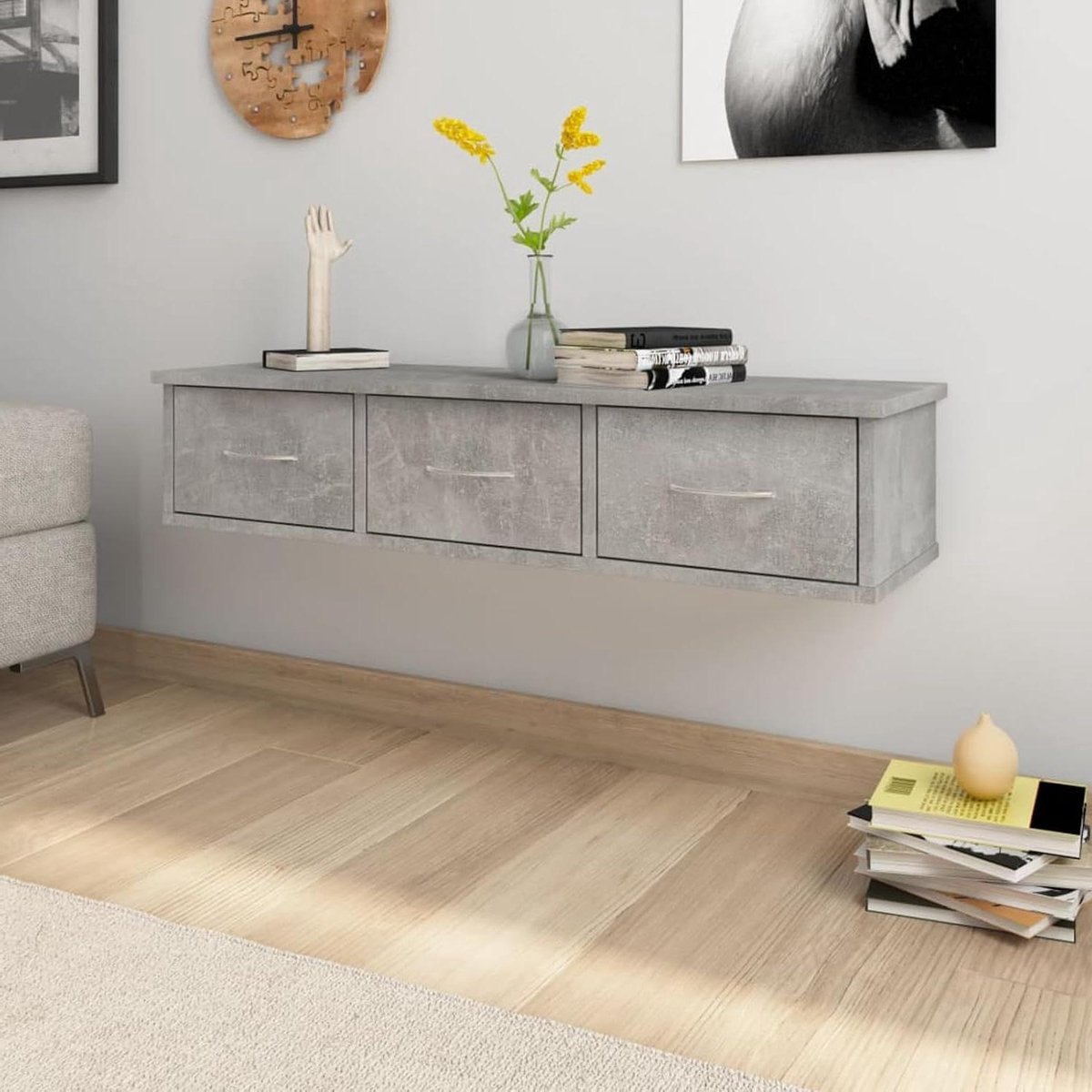 Wandrek met laden - Hangend meubel - Decoratie en opslag - Betongrijs design - 88 x 26 x 1