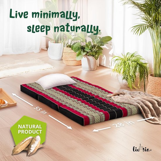 Opvouwbare Matras - Vloermat Yogamat - Ontspannen en Slapen - Natuurlijke Kapokvulling - 140 x 70 cm - Zwart Rood — afbeelding 4