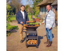 RJRoyal Living BBQ Plancha Grill Maestro Ø70cm Blackline - Met Grote wielen en houtopslag vuurschaal