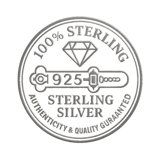 Keurmerk "100% STERLING SILVER 925" met een ruitvormig symbool en de tekst "Authenticity & Quality Guaranteed".