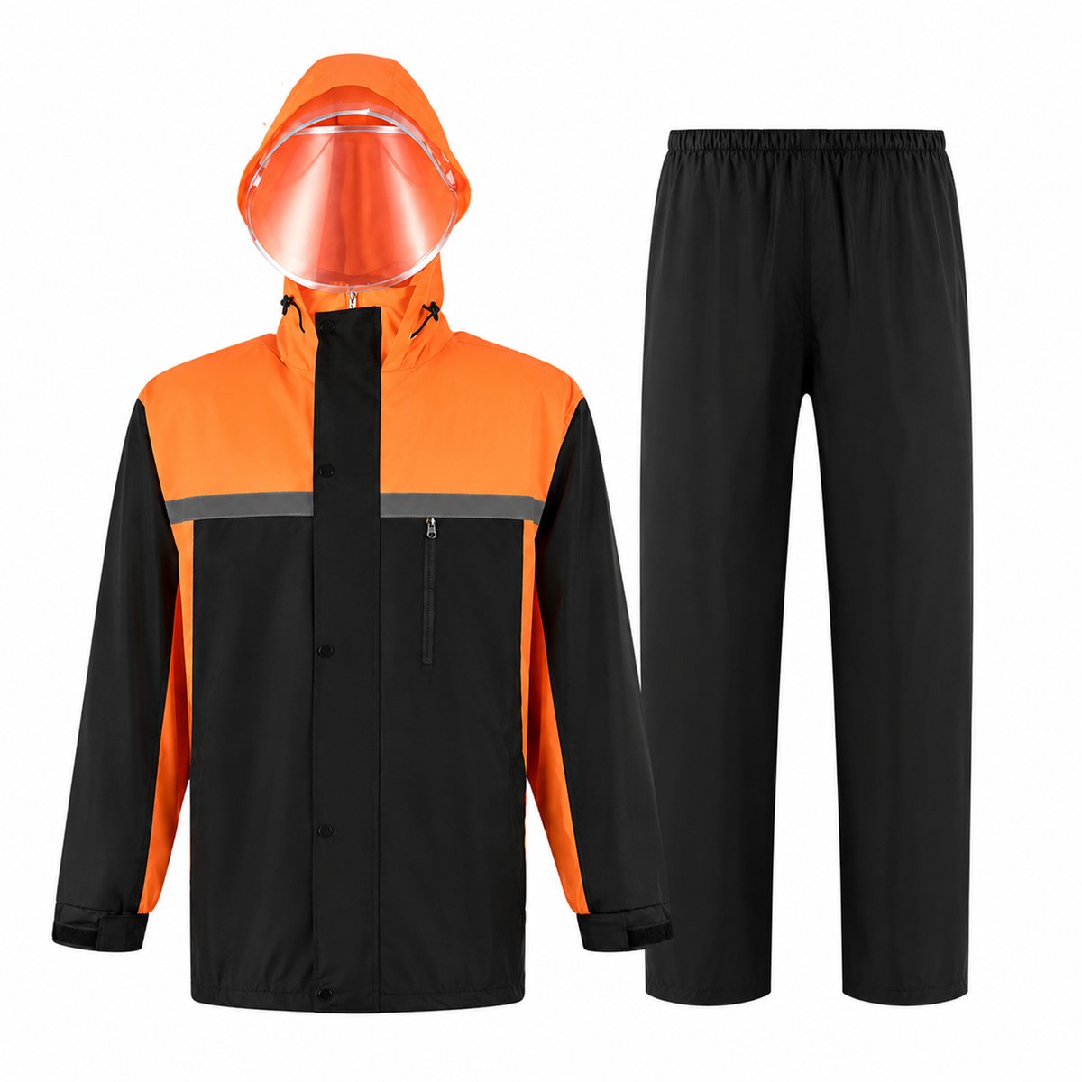 Regenjas - Regen- en sneeuwjas - Unisex - 2-Delig Regenpak - Waterdicht & Ademend - Met Reflecterende Strepen - Afneembare Capuchon + Doorzichtig Vizier - Voor Motor/Fiets/Buitenwerk - Uniseks - Oranje+Zwart - XL (Valt Klein) - 1 Set