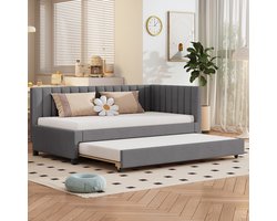 HAUSS SPOLE Slaapbank 90x200 cm - Uitschuifbaar Gestoffeerd Bed Met Lattenbodem - Zonder Matras - Fluweel - Grijs