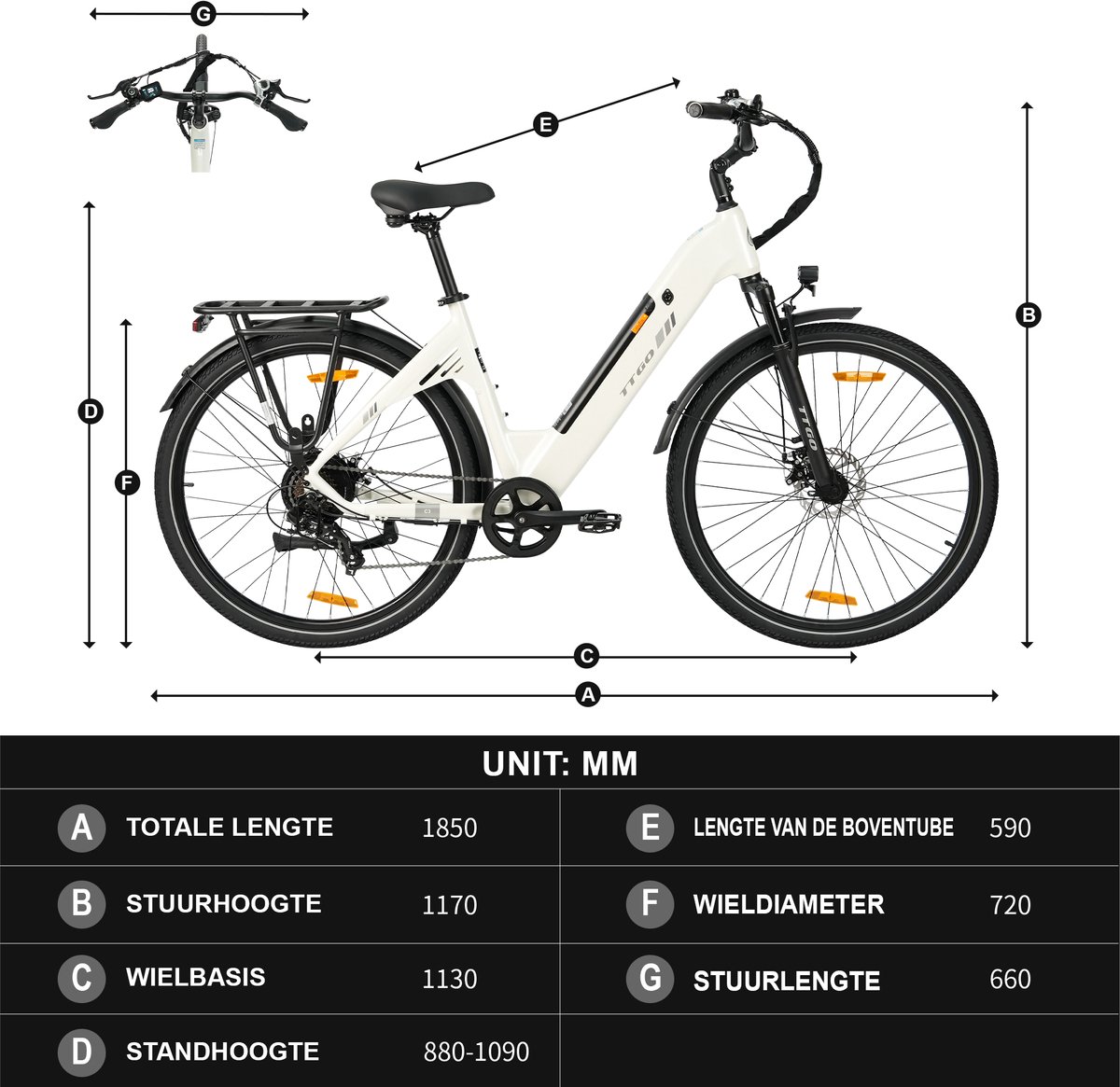 TTGO C3 SE 28 INCH Elektrische Stadsfiets - 250W Motor - 36V 18Ah Accu - Aluminium Lage Instapframe - 28×2.0 Inch Wielen - Shimano 7 Versnellingen - Max Bereik 80-120km - Wit thumbnail 6