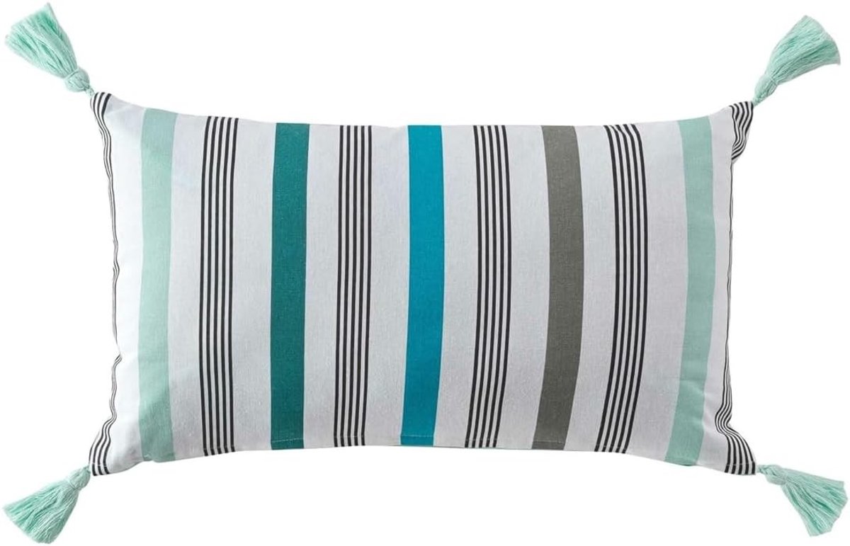 Cushion 30 x 50 cm in Wit, Blauw, Groen en Grijs met Franje en Rits - Inclusief Vulling, Modern Kussen voor Bank en Decoratie, Kussenhoes voor Thuisgebruik