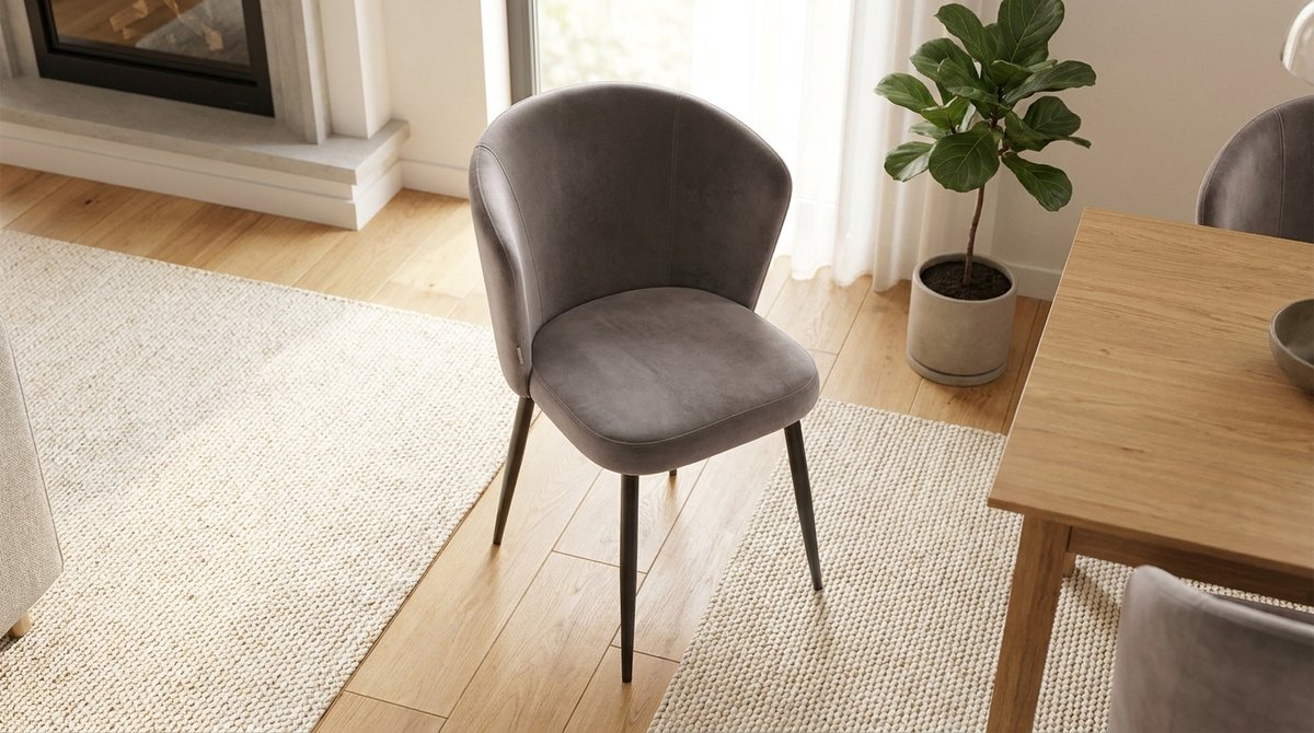 Eetkamerstoel House&Garden Wave Luxe – Fluwelen Eetkamerstoel Grijs met Zwart Metalen Onderstel – Moderne Velvet Stoel – Ergonomische Dining Chair – Industriële Keukenstoel – 58x60x85 cm