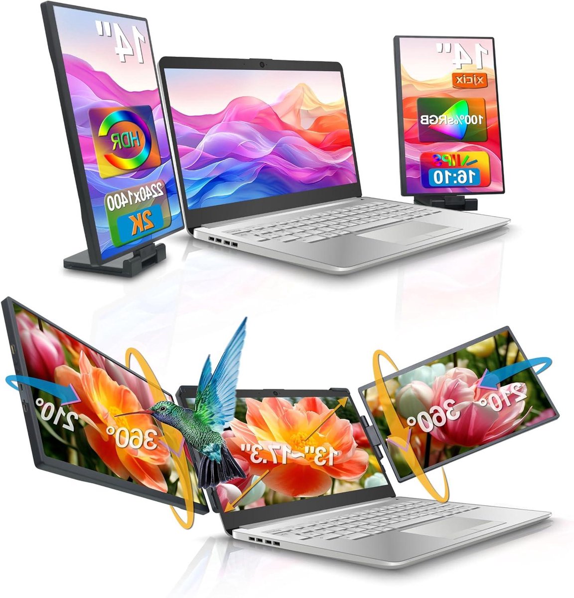 Draagbare Laptop Drievoudig Scherm - Uitbreidbaar Monitor Scherm - Multitasking Productiviteit - 2x 14.1 inch QHD IPS