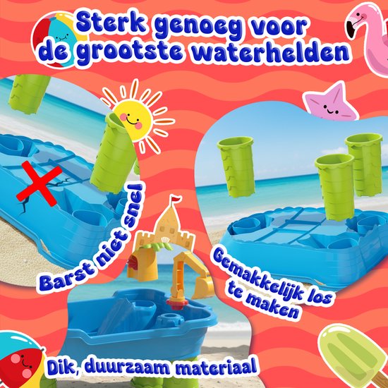 Blauwe, duurzame watertafel met groene poten, op het strand. Drie groene bekers op de tafel. Tekst: "Sterk genoeg voor de grootste waterhelden".