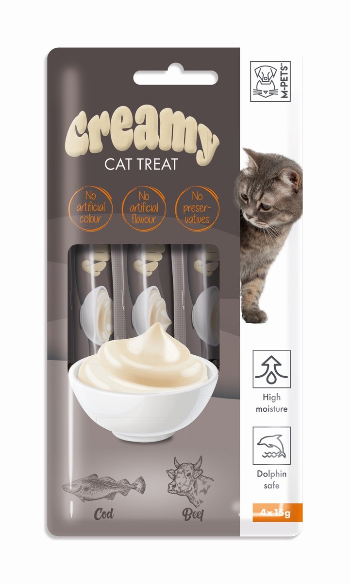 M-PETS Creamy kat snack kabeljauw&rund 60g ( 4x15g ) - per 12