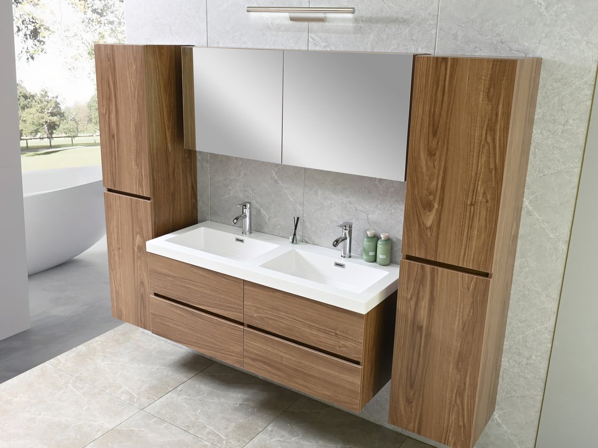 Badkamermeubel 2 persoons 120 cm - Donker hout decor - Complete set - 2 zijkasten - Incl. kranen en pop up drains
