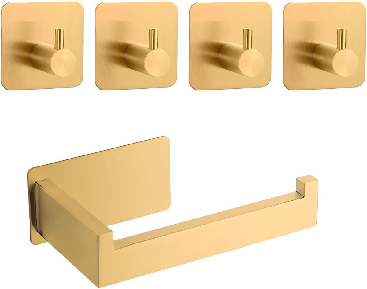 Toiletpapierhouder Set - Zelfklevend Roestvrij Staal - 1 Houder en 4 Haken - Boorvrij Design met Sterke Lijm - Voor Badkamer en Keuken - Goud