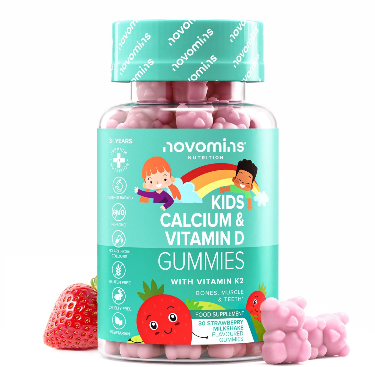 Kinder Calcium 160 mg, met Vitamine D3 & K2, 30 Gummies, Vegetarisch, Halal, Getest door Eurofins, Novomins