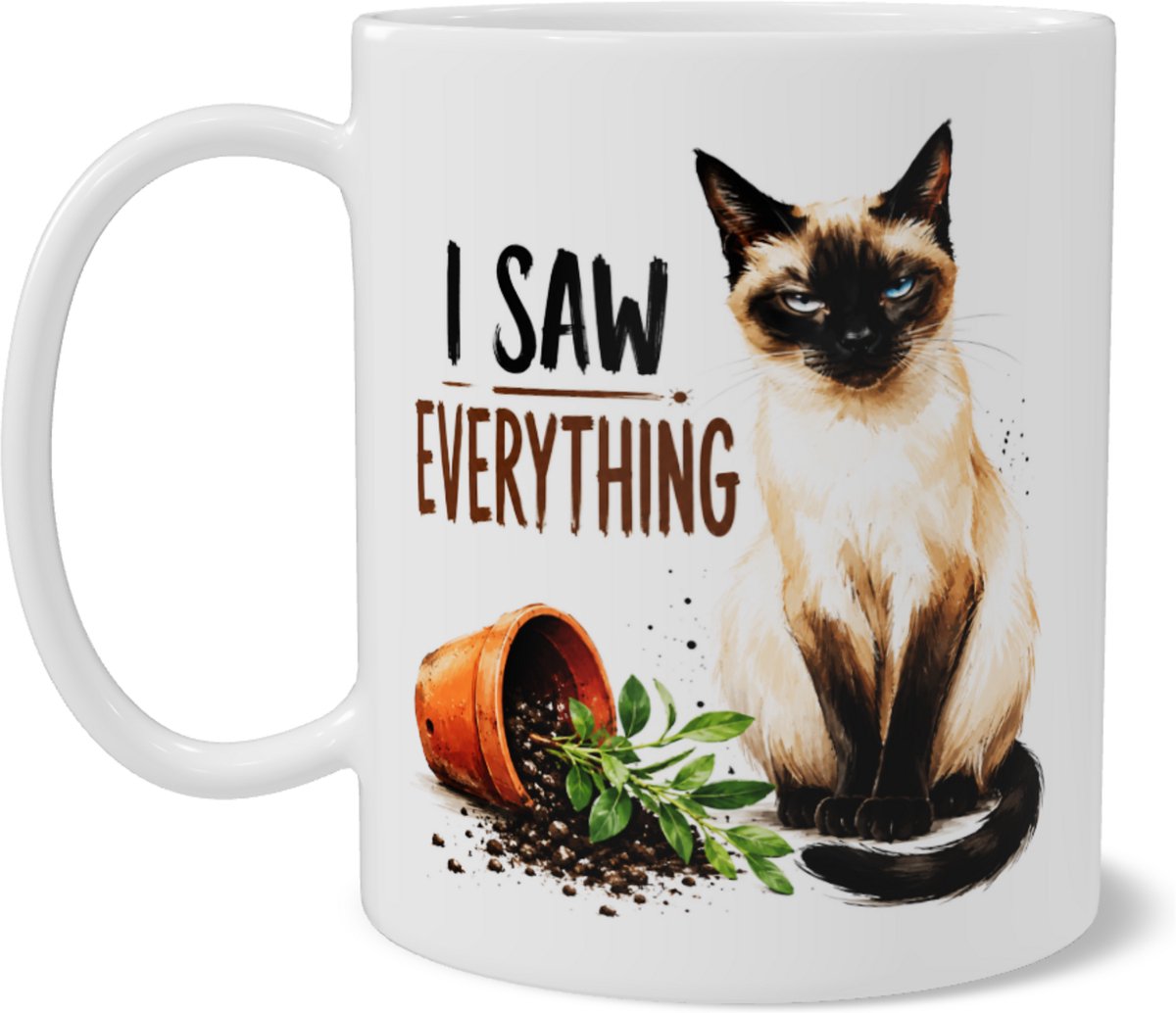 Koffiemok met Siamese Kat en Omgevallen Bloempot met Plant - Grappige Tekst I Saw Everything - Aquarel Illustratie - Cadeau voor Kattenliefhebber en Plantenfan - Mok met Humor voor Thuiswerkplek