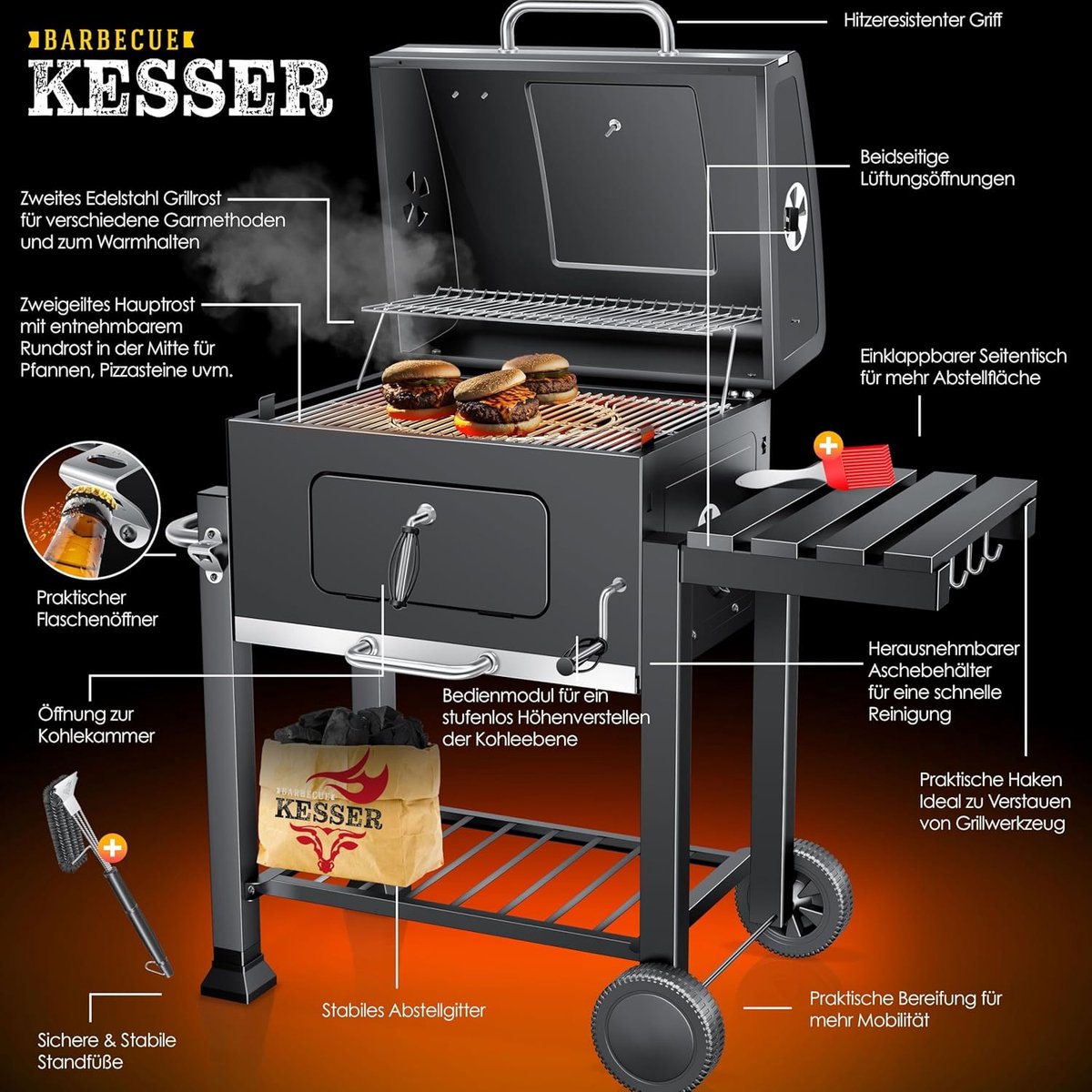 Premium XL Houtskool BBQ Grillwagen met Deksel, Thermometer & Warmhoudrek – Grote Barbecue Trolley met Wielen, RVS Handgreep en Opbergrek – 115 x 45 x 105 cm