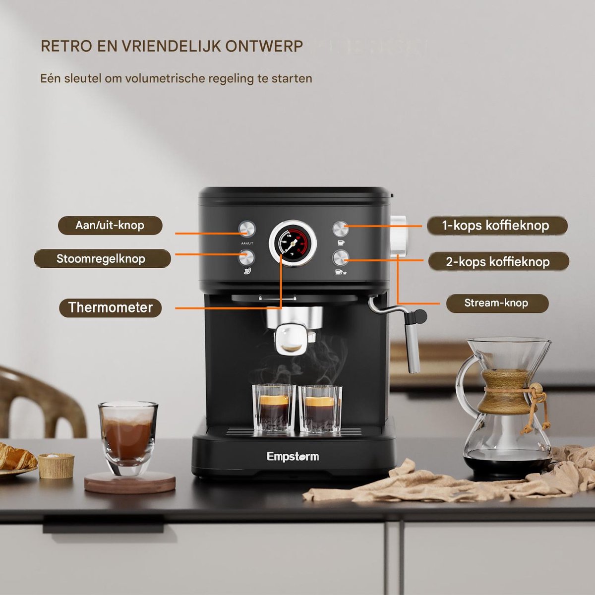 Empstorm EM‑04E Espressomachine 20Bar - 2-in-1 Capsule & Gemalen Koffie - PID Temperatuurregeling - 1,5L Watertank - RVS Filter- Warmhoudplateau - Thuis Kantoor Koffieapparaat Zwart — afbeelding 2
