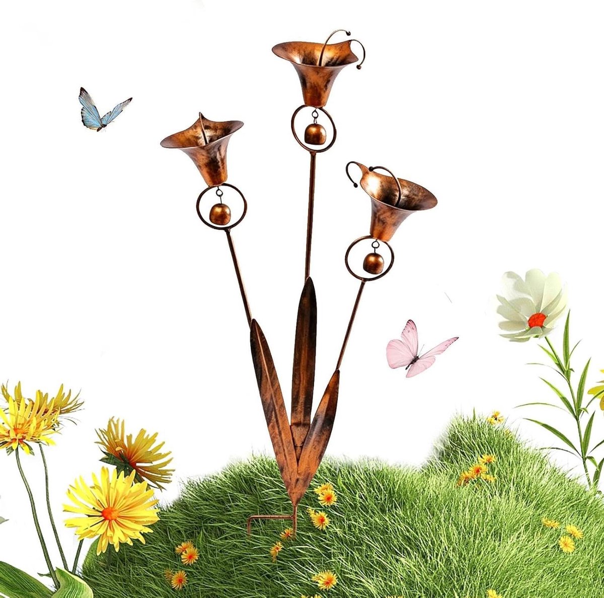 Bloemen Tuinsteker - Metalen Ornament - Tuin Decoratie - Met Belletjes - 61x26cm - Koper