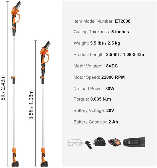 Accu Snoeischaar - Takkenzaag Telescoop - Hoge Takken Snoeien - Borstelmotor Verstelbaar - 2.44 Meter Bereik - Oranje — afbeelding 3