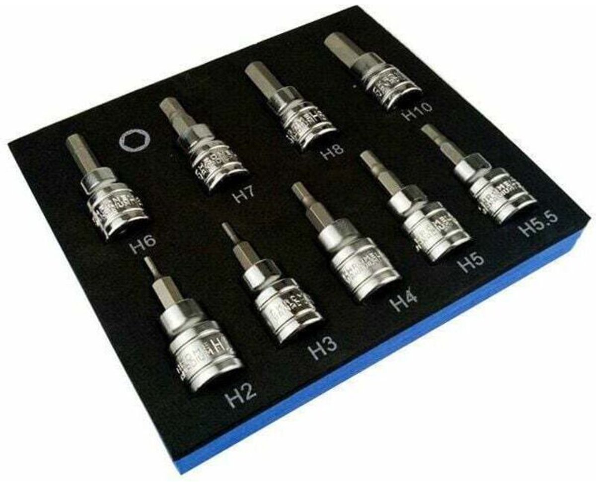 Ratelsleutel en doppenset. Een set van 9 zeskantdoppen voor 3/8-inch metrische zeskantsleutels. Aandrijfbereik 2-10 mm.