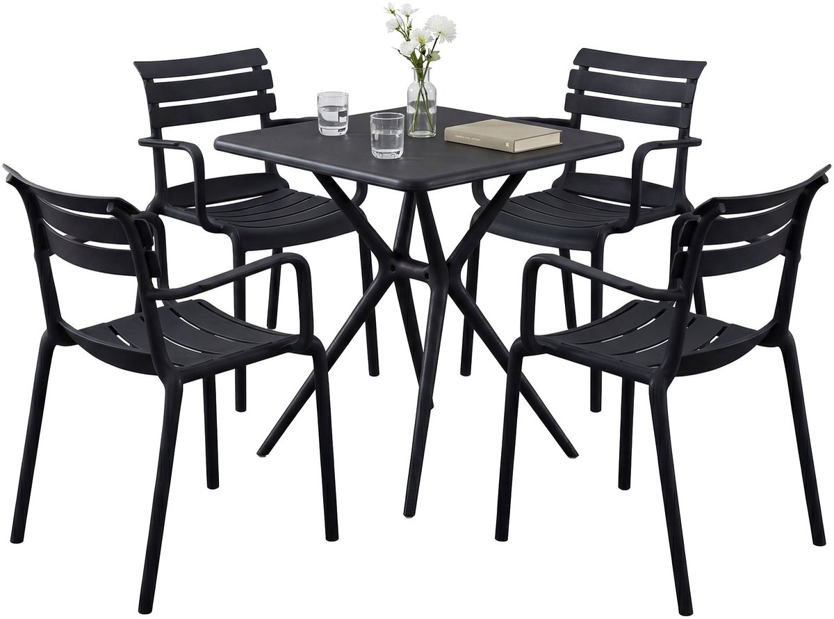 CLP Avena tuinmeubelset - 4 stapelstoelen - vierkante eettafel 72x72cm - weerbestendige balkonset - voor terras en tuin - zwart