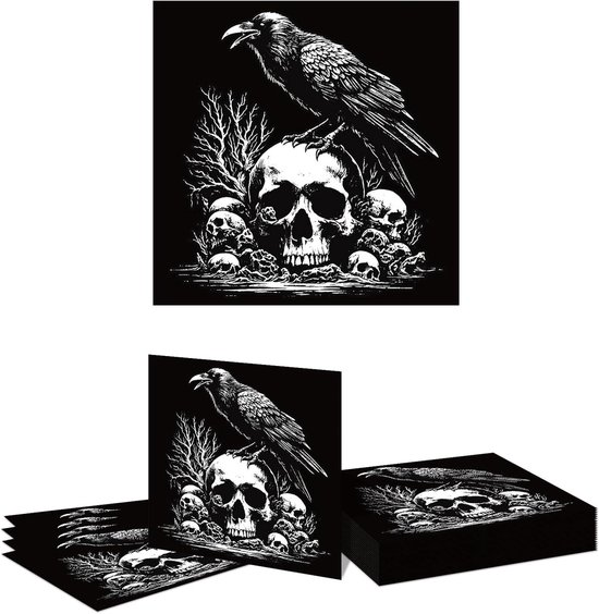 20 Halloween Servetten met Creepy Schedel en Raaf Motieven - 2 Laags, 33 cm, Decoratieve Wegwerp Tafeldecoratie voor Feesten en Verjaardagen
