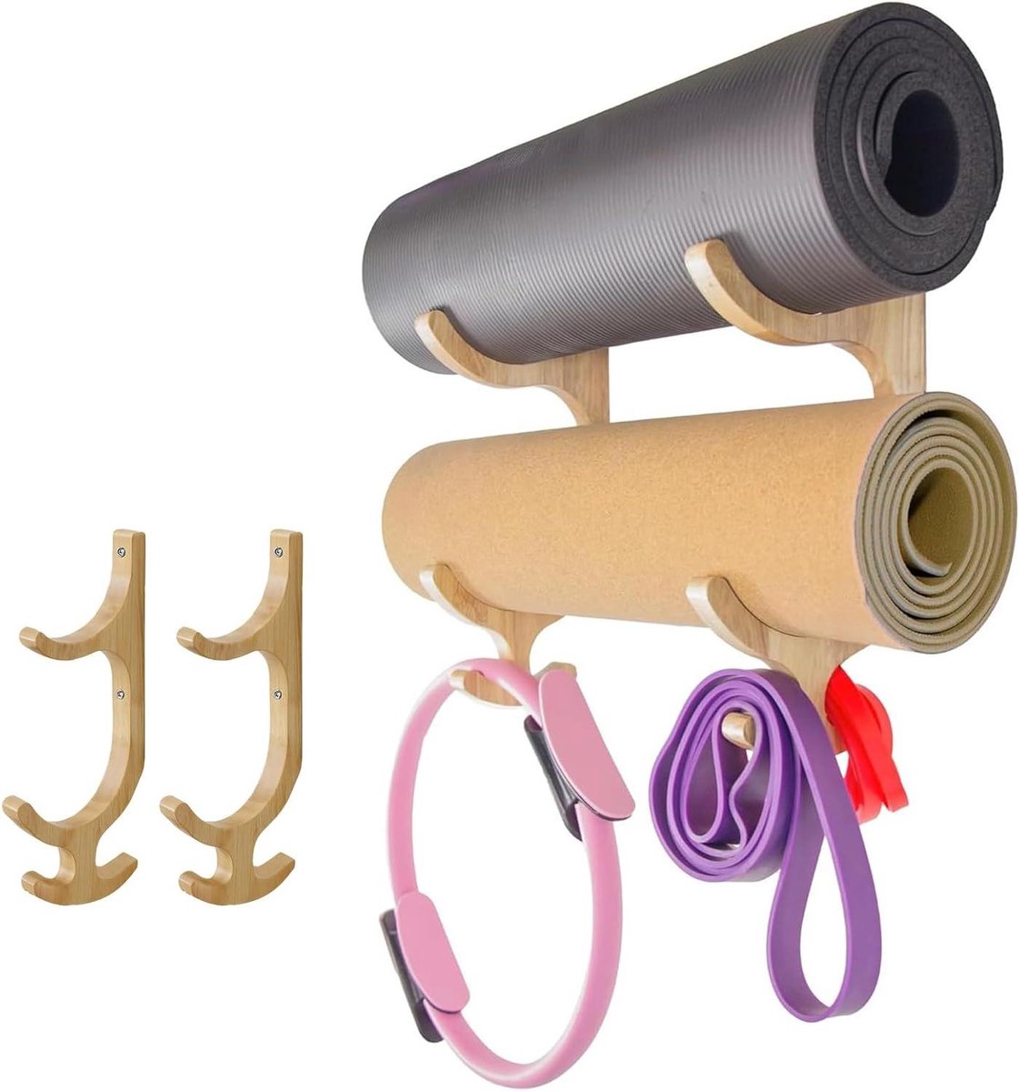 Wand Houder - Houten Opberger - Fitness Opslag - Vier Haken - 41x25 cm - Houtkleur