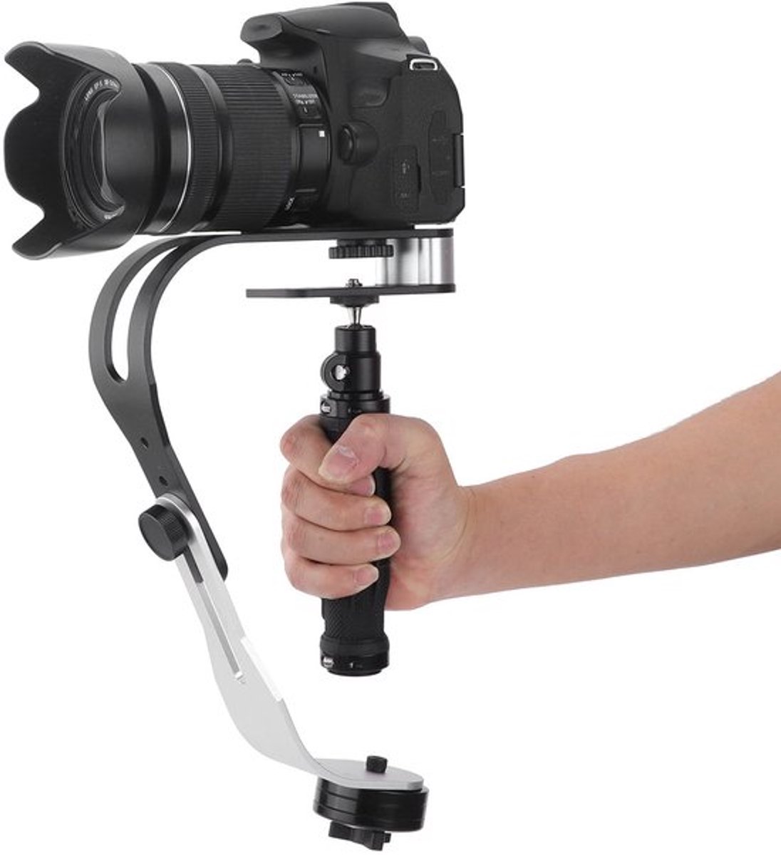 Draagbare aluminium camera stabilisator met universele draaibare handgreep en twee contragewichten voor stabiele en slipvrije DSLR video-opnames