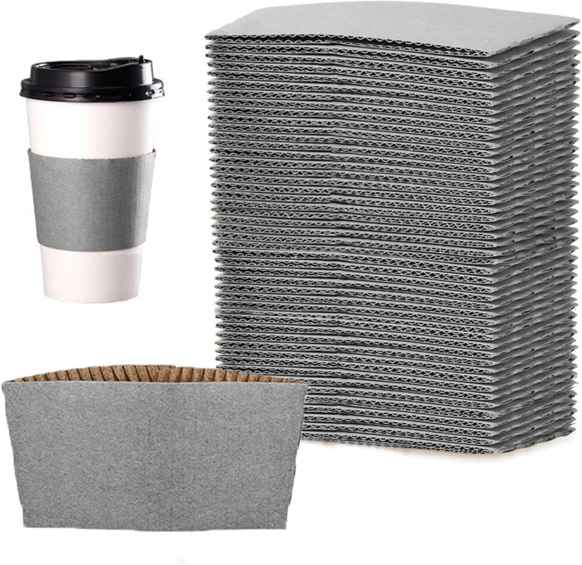 Wegwerp Koffiebeker Hoezen - Papieren Isolatie - Warme Dranken Beschermen - Gegolfd Ontwerp - 200 Stuks - Grijs
