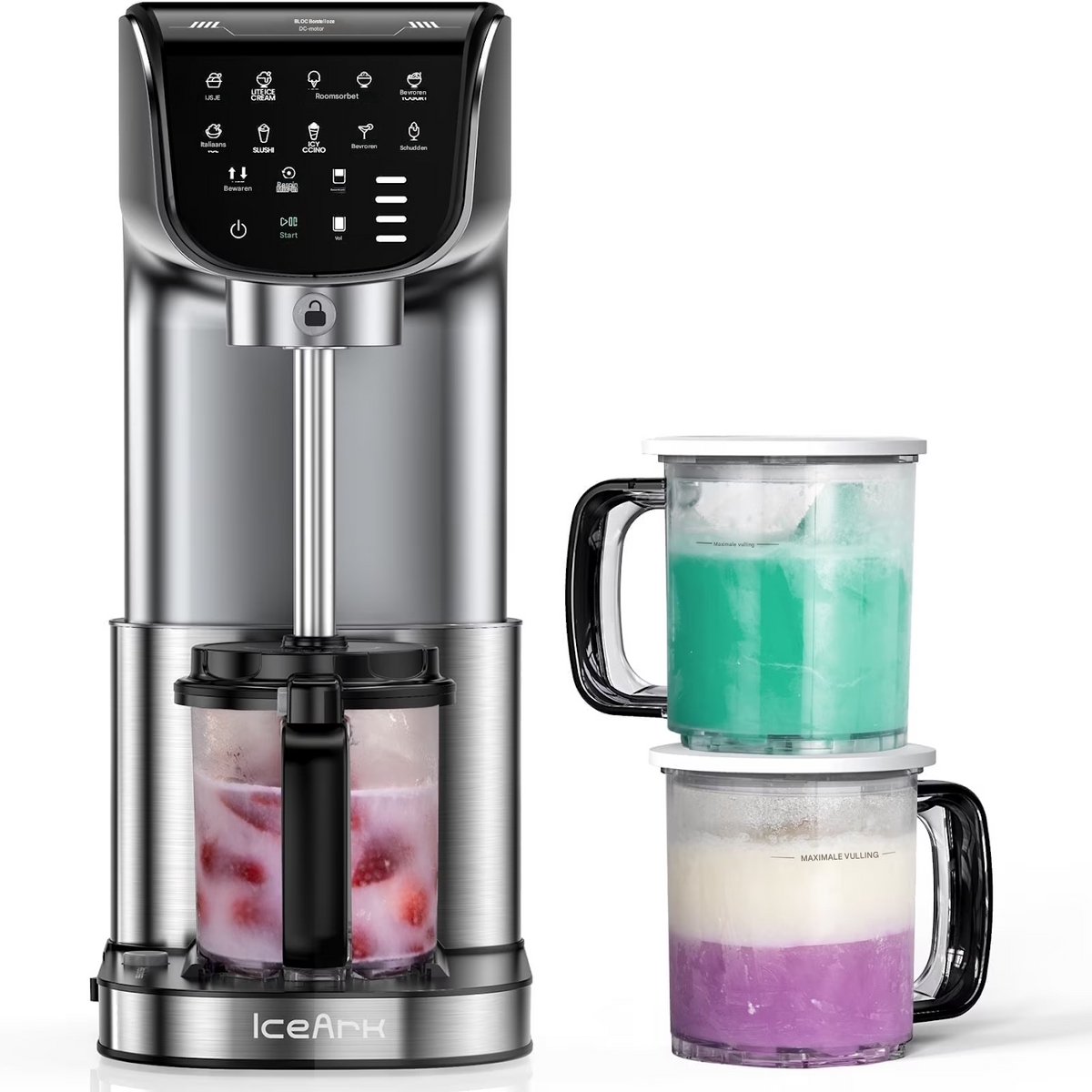 10-in-1 Automatische IJsmachine – Maak IJscréme, Gelato, Sorbet, Milkshake, 3 Pints, Borstelloze Motor, Vaatwasserbestendig, Eén-Knop Opslag, Roestvrij Staal & Zilver