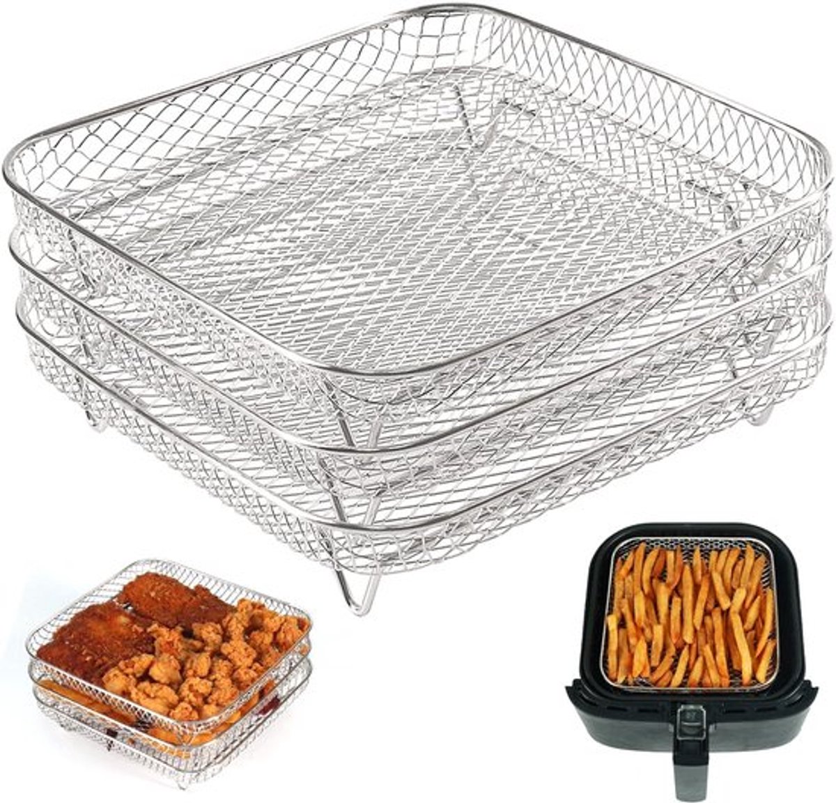 Vierkante Drie-laags Stapelbare Airfryer rek - 304 RVS kookrek - Capaciteit Uitbreiden - Gelijkmatig Verwarmen