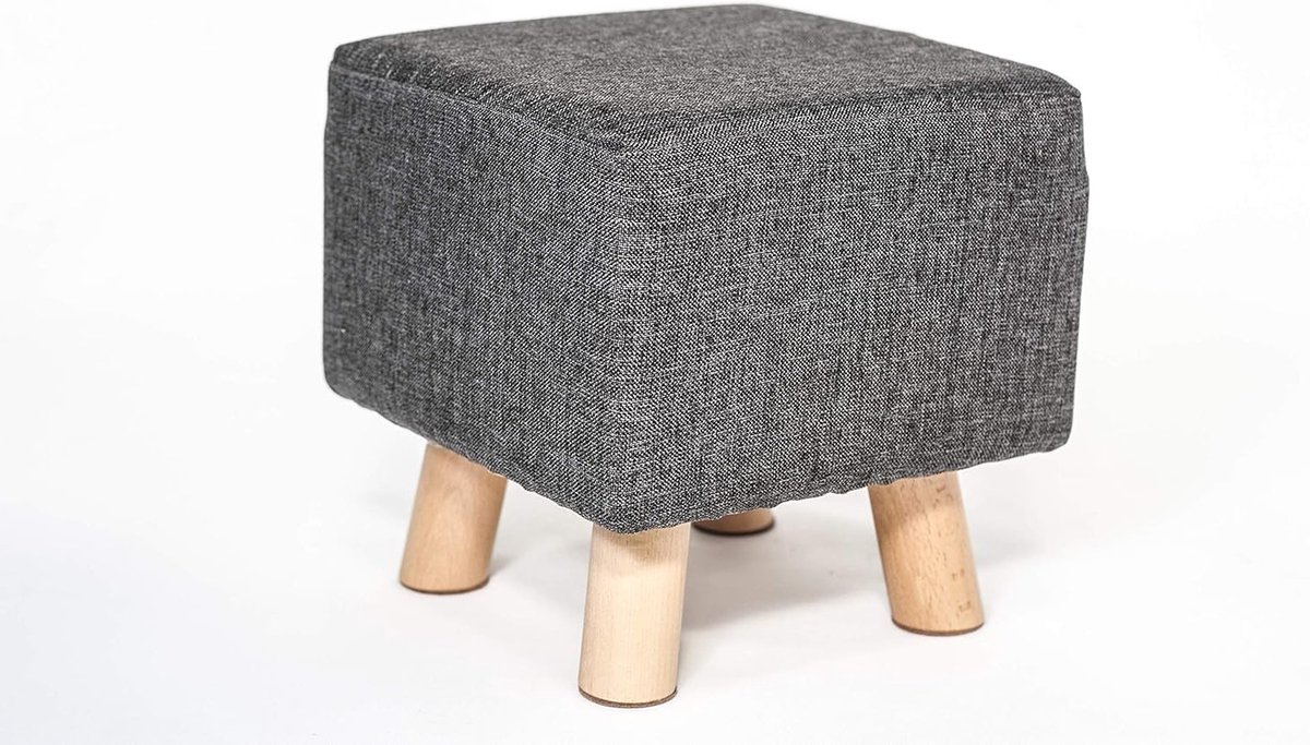 Lage vierkante poef - Gestoffeerde voetenbank van wasbare linnen stof - Perfect voor woonkamer of kantoor met stevige beukenhouten poten