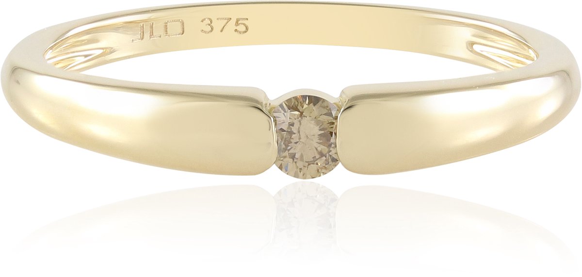 Cavill - Gouden ring dames 9K geel goud - I2 Champagne diamant 0,096 ct - Ronde briljant 3 mm - Elegante bezel zetting - Luxe ring maat 17-20