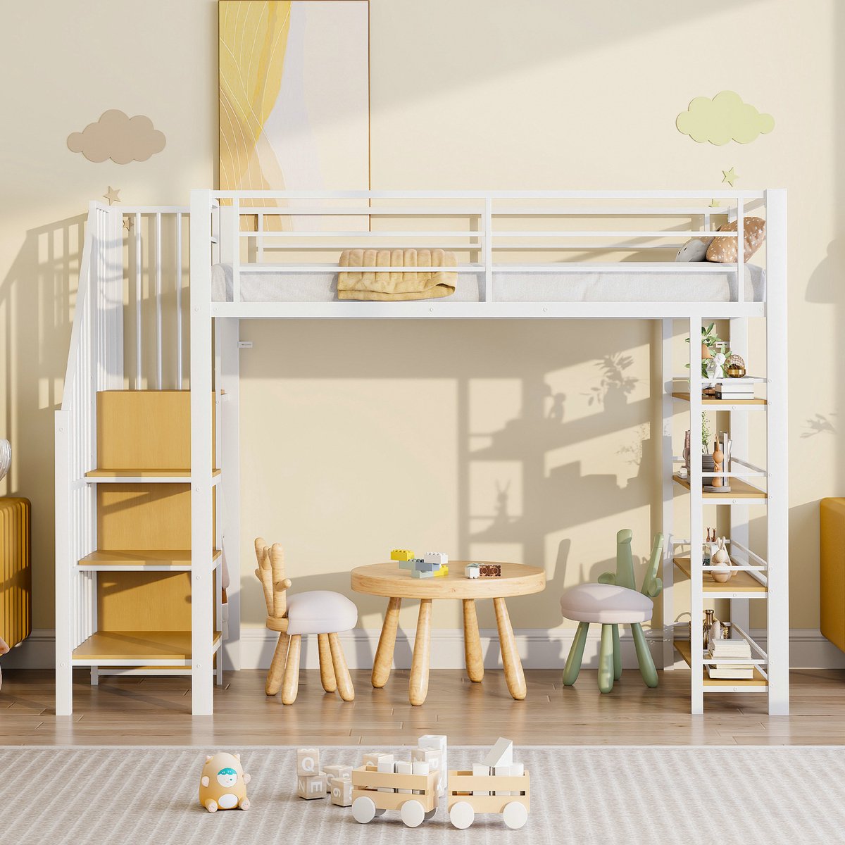 VVBV Hoogslaper 90x200 / Hoogslaper met trap / Hoogslaper met kast – met Kledingkast, Opbergrekken, Opbergruimte, Ladder – Tienerbed – Metaal – Wit White