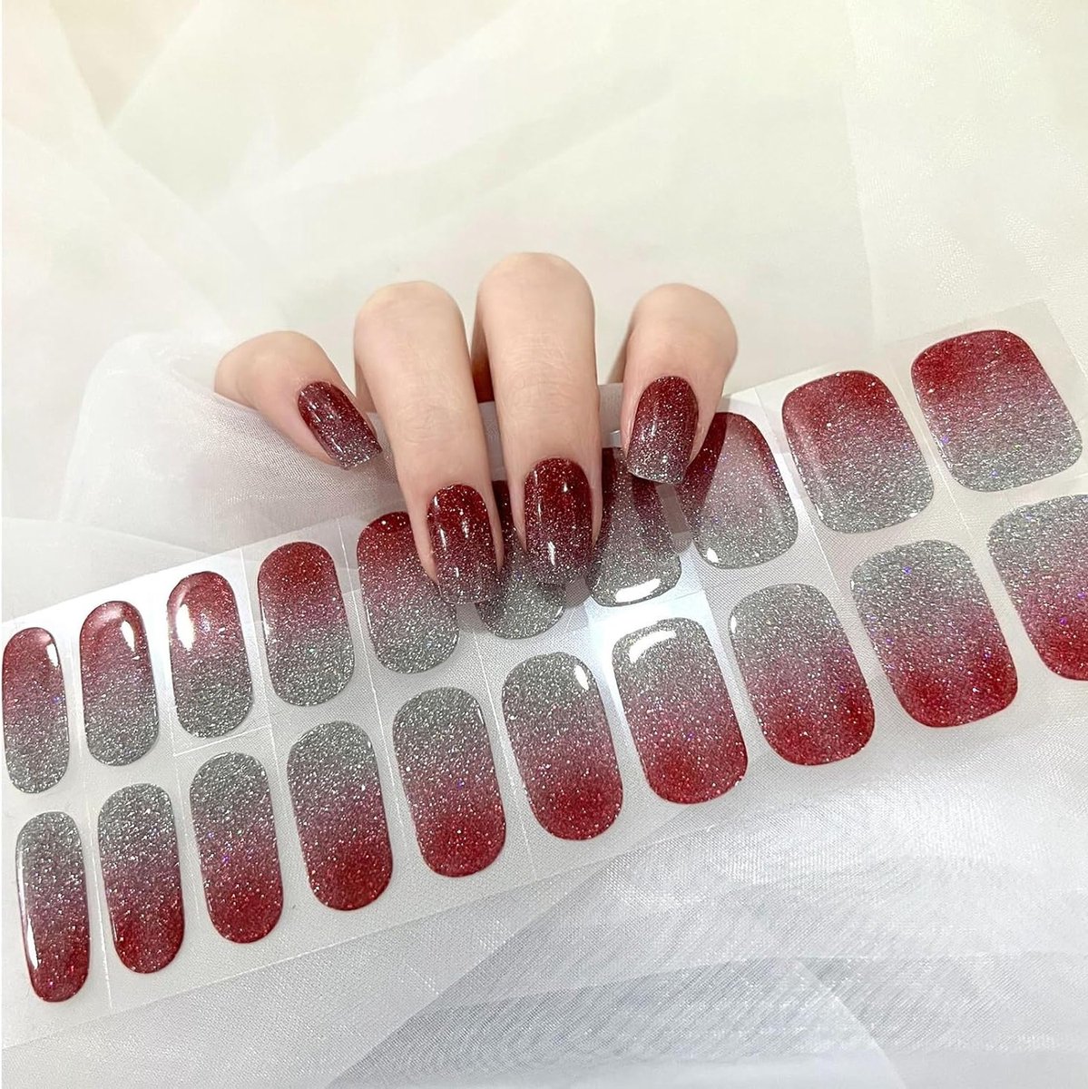 Semi-Hardened UV Gel Strips - 22 Stuks Zelfklevende Nagelfilms van Salonkwaliteit, Volledige Wraps voor Vrouwen en Meisjes (Diamant Rood) - Nagelstickers, Manicure, Nail Art