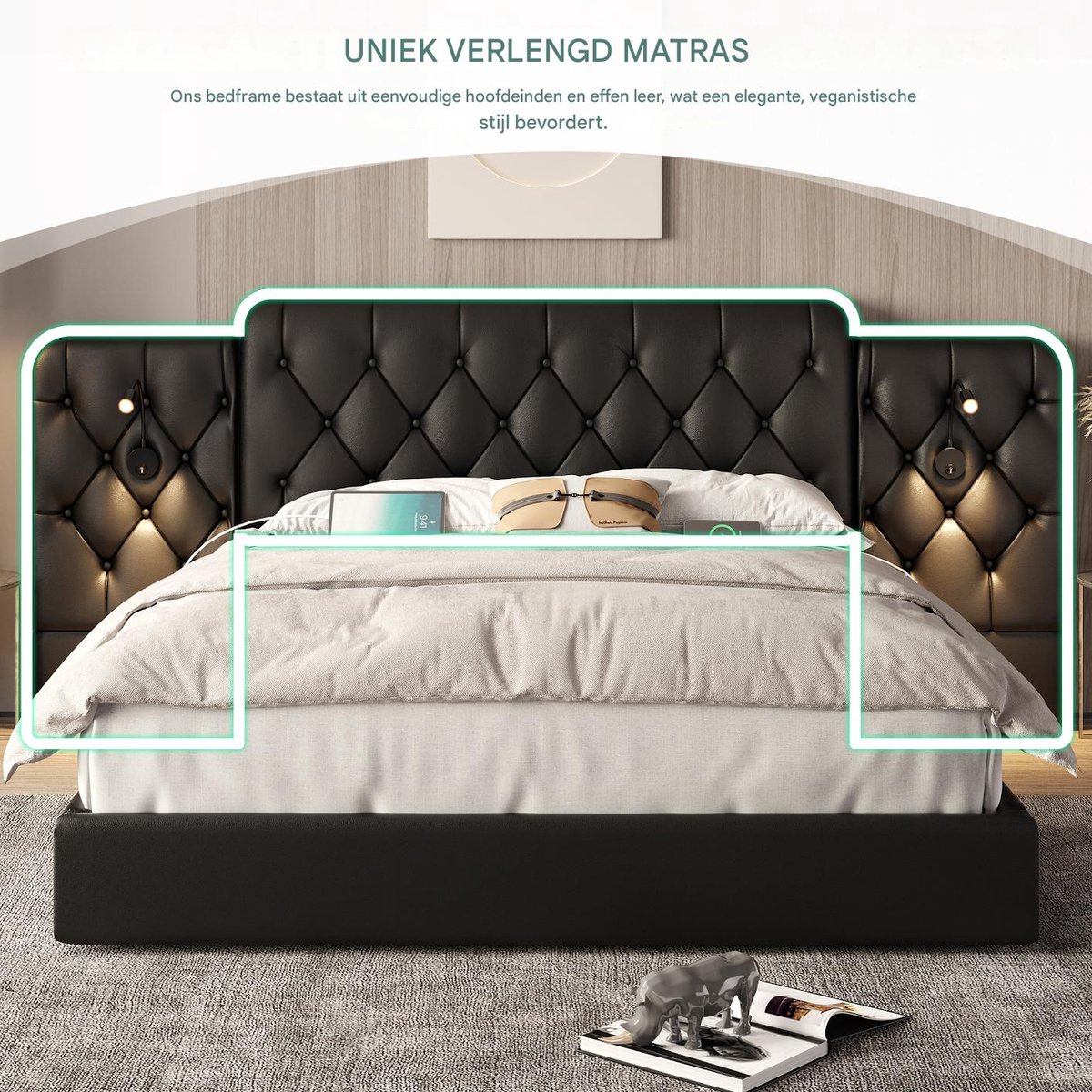 VVBV Hydraulisch Opbergbed 160x200 cm met Leeslamp, Hoofdbord - Bureau, USB, Hydraulische 