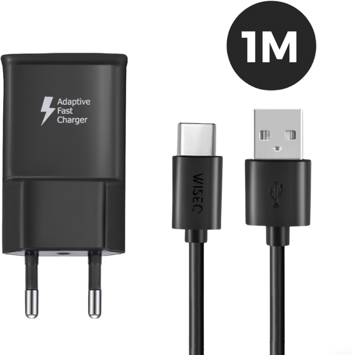 WISEQ Oplader voor Samsung inclusief USB C oplaadkabel - 1 meter - Smart Fast Charger - zwart