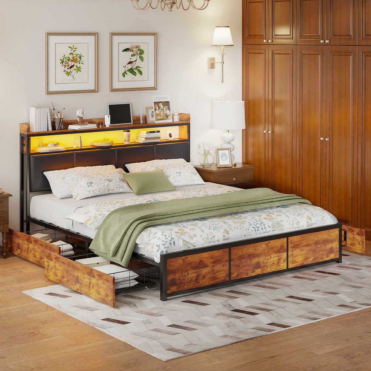 ROSAHQNDA Gestoffeerd bed met LED-verlichting en 4 opberglades, 180x200 cm, hoofdbord van kunstleer, zwart ijzeren frame, eenvoudig te monteren, exclusief matras Zwart+Bruin