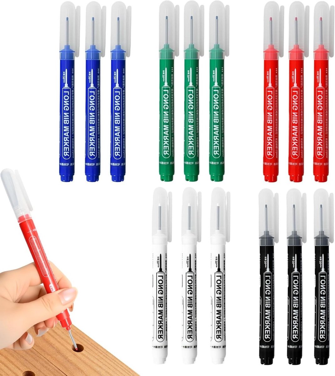 15 Stuks Diepe Gaten Marker Set, Lange Nib Traceren Pen voor Metaal, Hout en Tegels, Fijne Punt Markeerpen voor Timmerwerk, Loodgieterij en Bouw in 5 Kleuren