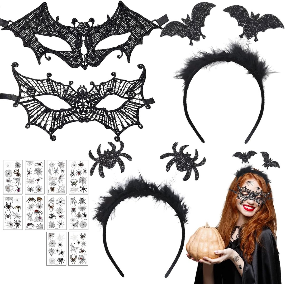 Halloween Bat Hoofdband Set - 7 Stuks Accessoires voor Feest, Carnavalsmake-up en Horror Kostuums voor Mannen en Vrouwen