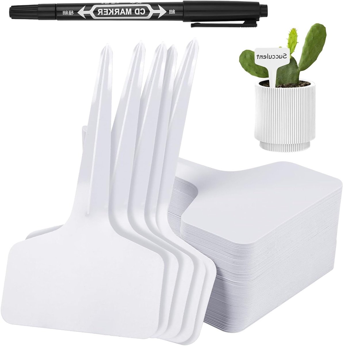100 Tuinlabels van Plastic - 100 Stuks T-vormige Plantentags met 1 Zwarte Viltstift voor Buitenplanten, Bloemen, Kruiden en Zaden