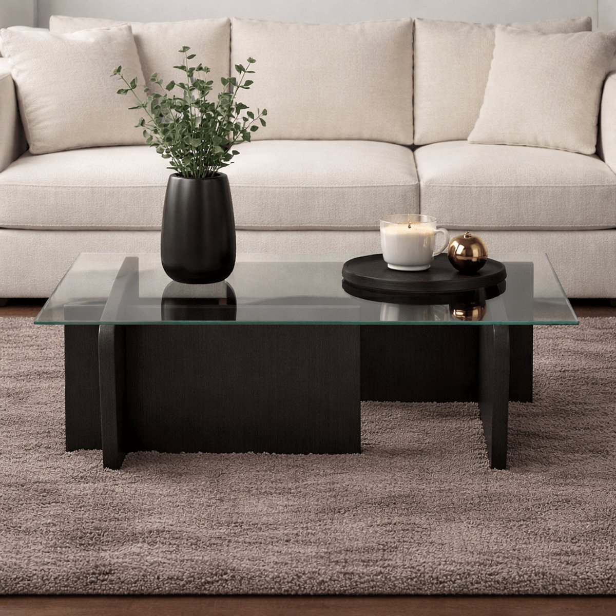 Dimehouse Salontafel Zwart Hout Melamine Glas Opal 105x65x30 cm - 105 x 65 x 30 cm - Glas - Japandi - Rechthoek Transparant