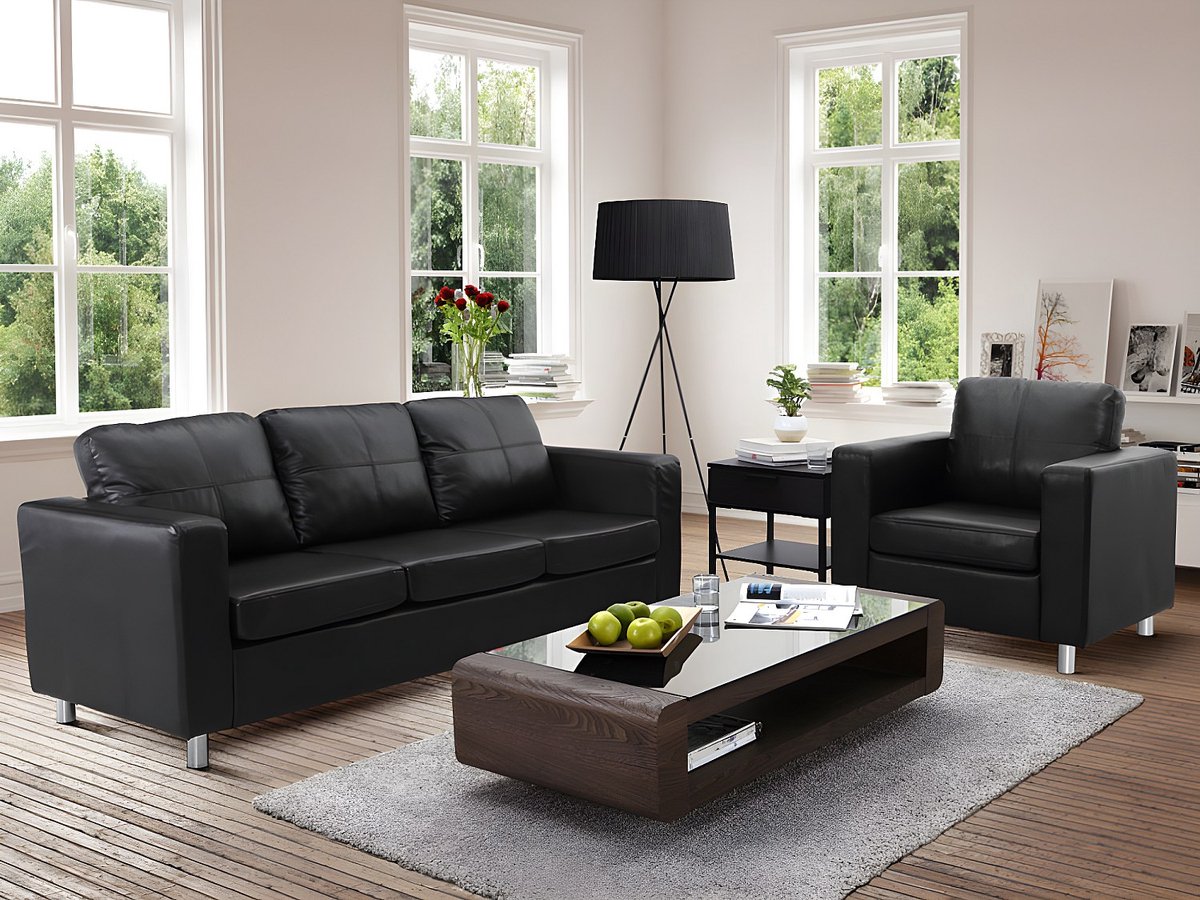 Vente-unique Driezitsbank en fauteuil van kunstleer ACKLEY - Zwart