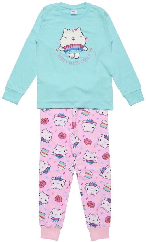Lichtblauwe pyjamatop met een schattige kat in een cupcake, tekst 'BAKEY WITH CAKEY'. Roze pyjamabroek met print van katten, cupcakes en donuts.