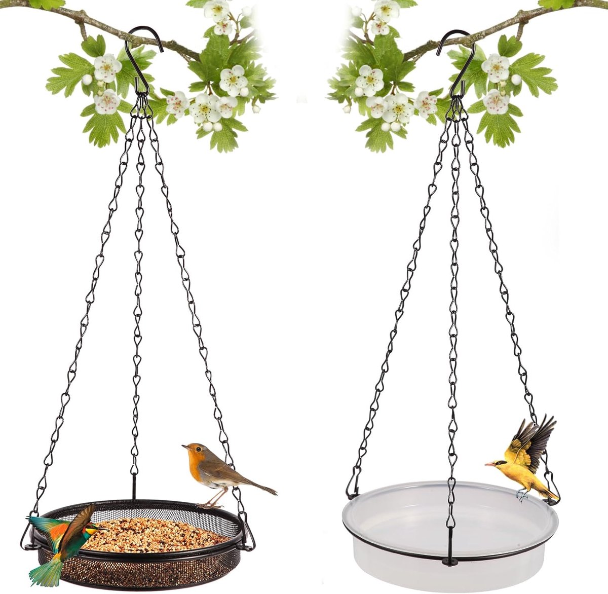 JeiibrZui Wildvogel Voederstation - 18x18x3 Cm - Set Van 2 Stuks - Zilver - Roestvrij Metalen Hangende Vogelhuisje Met Transparante Schaal Voor Het Hele Jaar Door