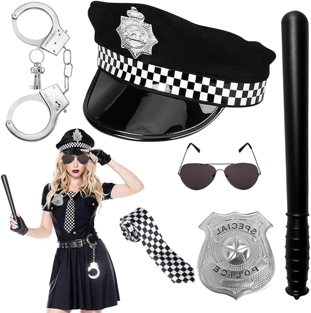 Politie Kostuum Accessoires Set voor Vrouwen, 7-delige Set met Handboeien, Badge en Baton voor Cosplay en Feestjes