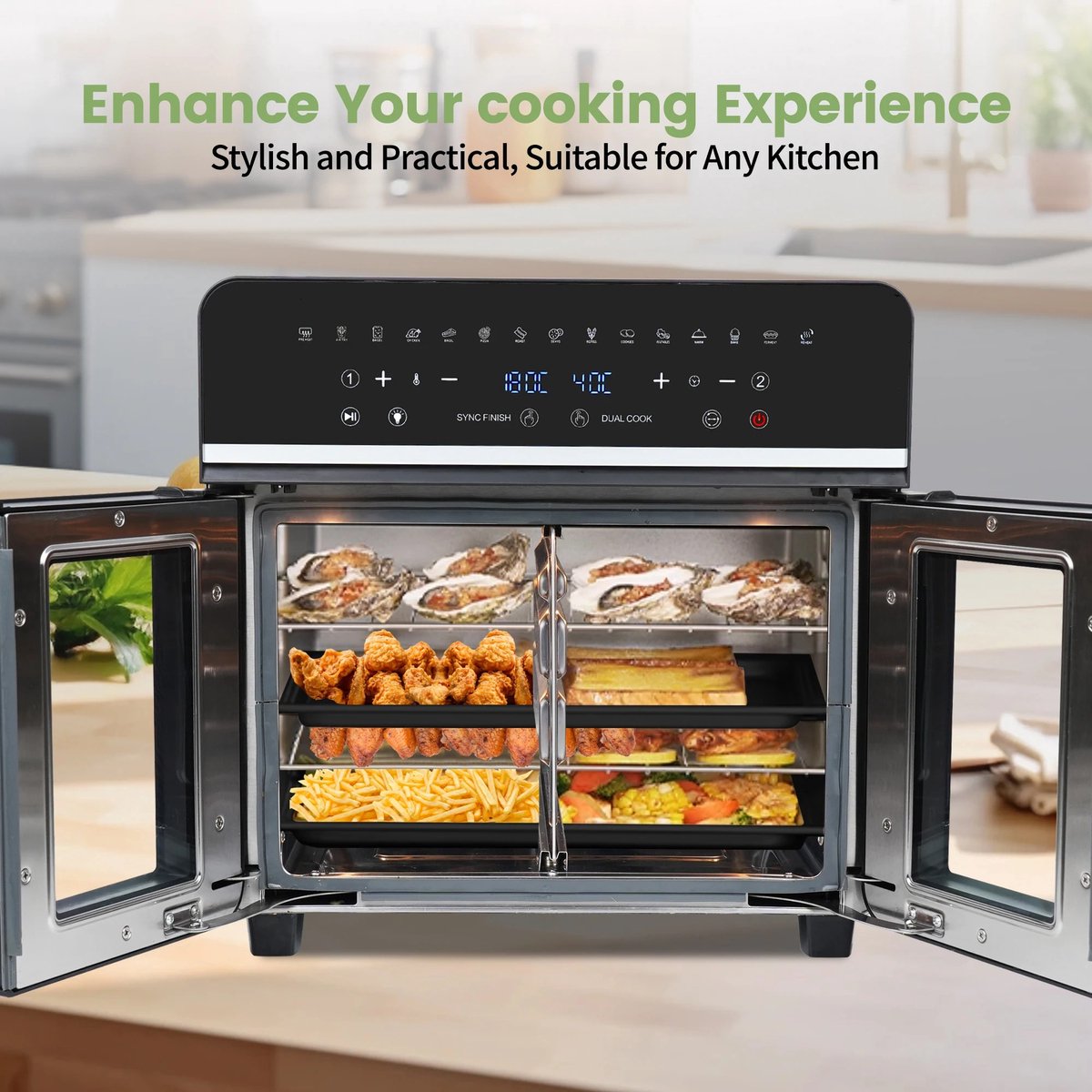 Heteluchtfriteuse XXL 23L met 2 Zones – Airfryer Oven 2200W – 15 Programma’s – LED Touchscreen – Incl. Receptenboek — afbeelding 3