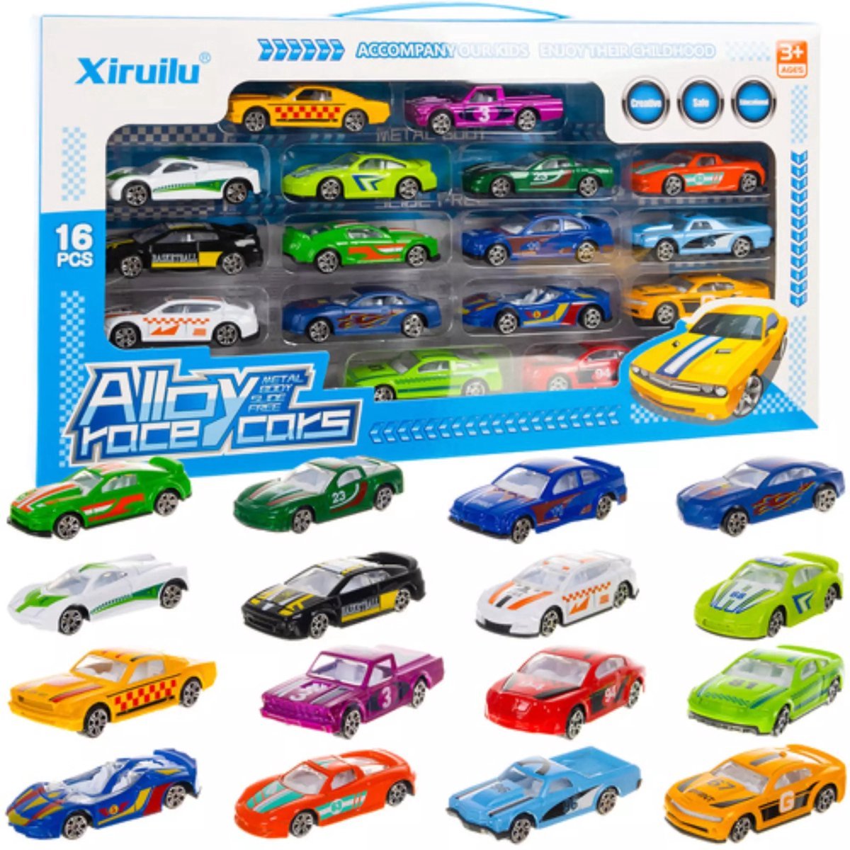 Metalen Raceauto’s voor Kinderen - Set van 16 - Kleurrijke Autootjes - 1:64 Schaal