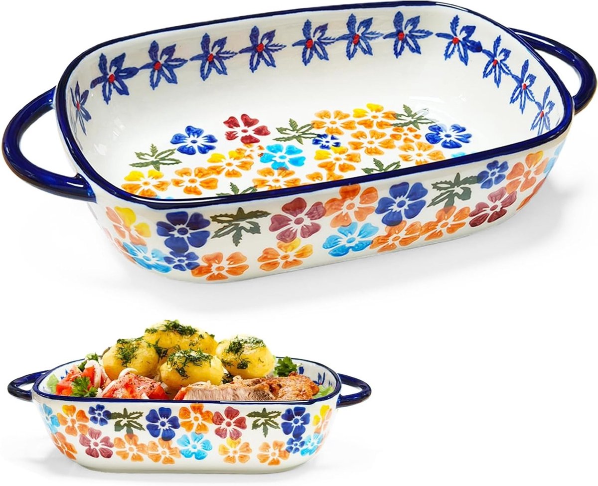 Rechthoekige keramische ovenschaal voor lasagne, met handvatten, oven- en magnetronbestendig, 23,5 x 13 x 5 cm, ideaal voor bakken en serveren van gerechten