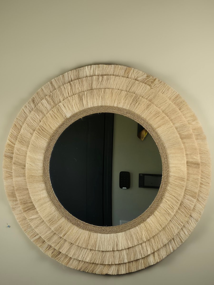 Blitzdeco Wandspiegel - Veronique - Ronde Raffia en Kralen - Licht Beige - Handgemaakt - 80CM